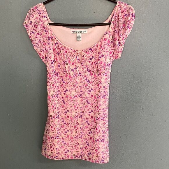 One Step Up babydoll Y2K Pink Floral Blouse Large Juniors medium women’s - Picture 1 of 8